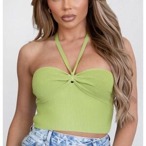 Lime Tic Toc Ribbed Knit Halter Top